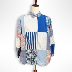 VTG 90s Sorrel Patchwork Quilted Button Up Shirt, Blue Eyelet Floral Cottage, L